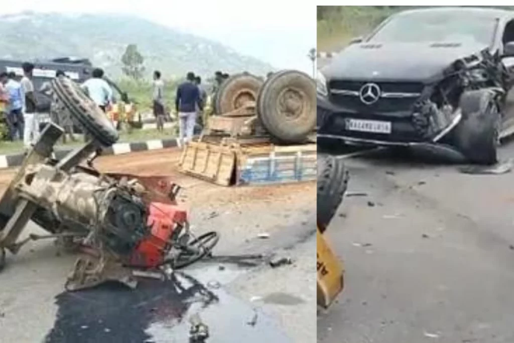 Viral Video A tractor gets split in two halves after an accident with Mercedes car